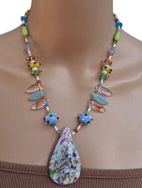 Vintage Art Glass Teardrop Pendant Necklace Sterling Silver 925 Clasp